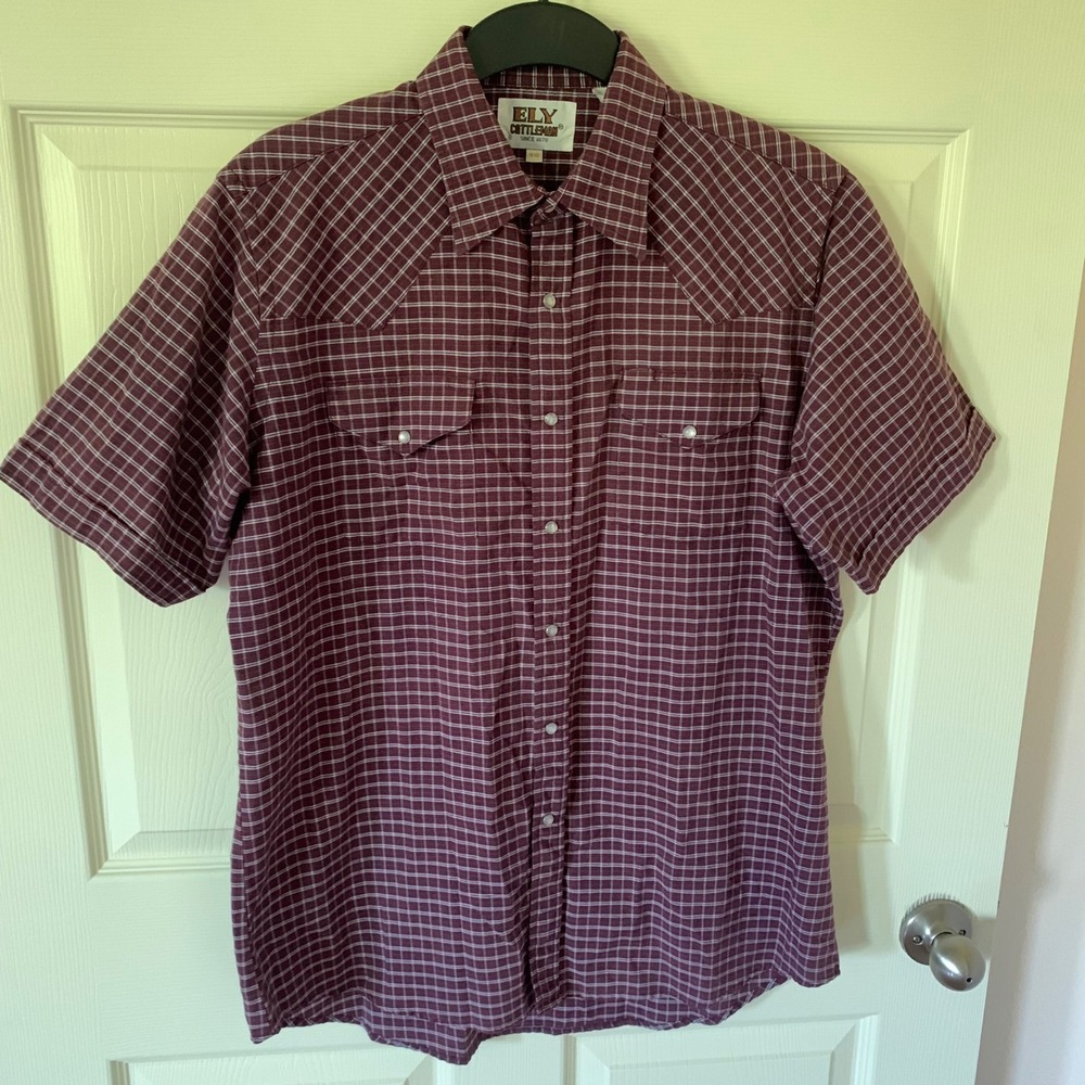 Ely Cattleman 16.5 L Western Shirt Maroon Grid Pearl Snap Short Sleeve Yoke
